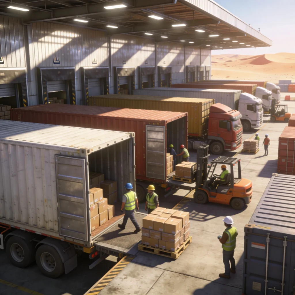 Shipping yard with stacked shipping containers, trucks, and workers in hard hats loading pallets at a desert-port setting.