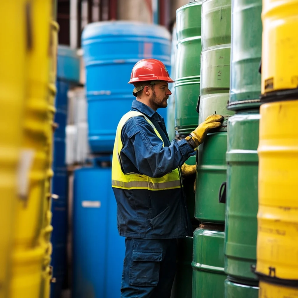 Worker wearing a red hard hat and high-visibility vest inspecting stacked green and yellow barrels in a storage yard